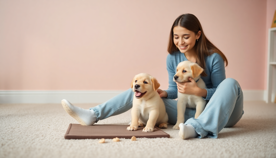 Puppy and kitten learning potty training with pet supplies nearby