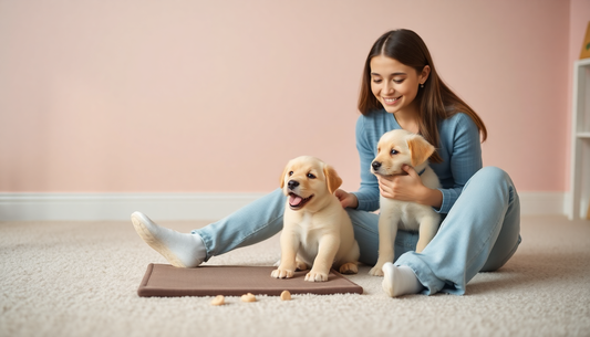 Puppy and kitten learning potty training with pet supplies nearby