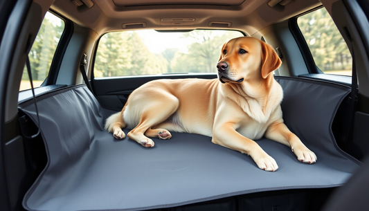Easy-Going waterproof back seat extender for dogs installed in a grey SUV with full backseat coverage