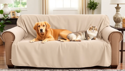 Waterproof pet couch cover protecting a sofa from pet hair and stains.