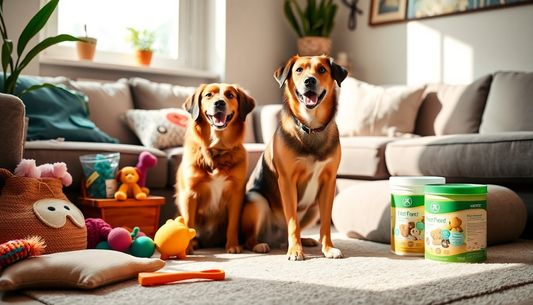 Essential pet supplies for dogs, including toys, grooming tools, and food.