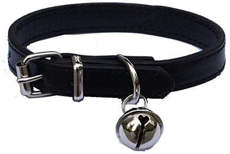 Lanyarco Black Leather Pet Collars for Cats 8"-10.5" Kitten