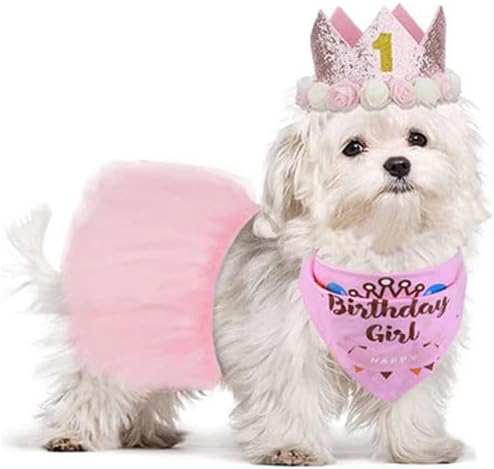 Dog Birthday Party Supplies Set,Boy Girls Dog Birthday Bandana,Cute Small dog Birthday Hat,Tutu,Dog Bow Tie Collar with 0-8 Numbers,Birthday Decorations for pet,Dogs&cats First Birthday (pink-1, Small