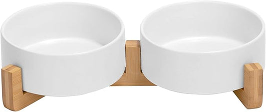 SPUNKYJUNKY Ceramic Dog and Cat Bowl with Wood 13.5 OZ