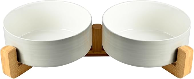 SPUNKYJUNKY Ceramic Dog and Cat Bowl Set with Wooden Stand (3.6 Cups, 2 ×