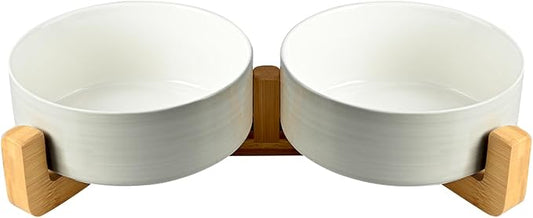 SPUNKYJUNKY Ceramic Dog and Cat Bowl Set with Wooden Stand (3.6 Cups, 2 ×