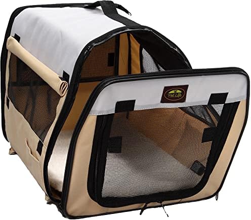 PET LIFE 'Easy Folding' Zippered Folding Collapsible Wire Framed Lightweight Pet Dog Crate Carrier, X-Small, Khaki