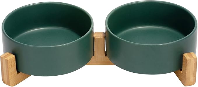 SPUNKYJUNKY Ceramic Dog and Cat Bowl with Wood 13.5 OZ
