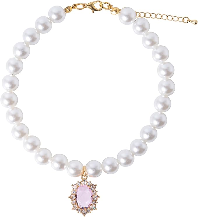 Pearl Dog Collar Elegant Oval Crystal Rhinestone Necklace Pet Jewelry for Cats Small Dogs Puppy Yorkie Chihuahua Cat Wedding Collar (Violet