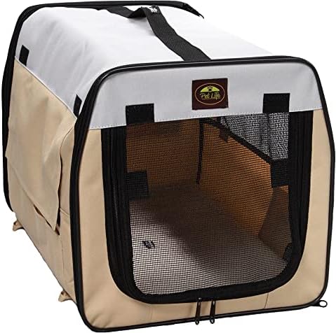 PET LIFE 'Easy Folding' Zippered Folding Collapsible Wire Framed Lightweight Pet Dog Crate Carrier, Small, Khaki