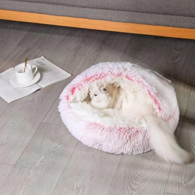Cat Bed Round Fluffy Hooded Cat Bed Cave