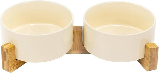 SPUNKYJUNKY Ceramic Dog and Cat Bowl Set with Wooden Stand (13.5OZ) & (28.7OZ) & (3.6 Cups, 2 ×