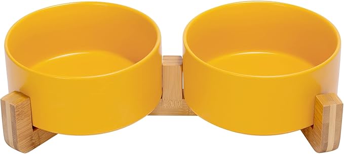 SPUNKYJUNKY Ceramic Dog and Cat Bowl with Wood 28.7 OZ