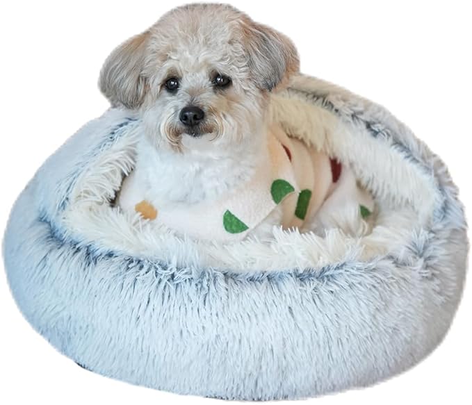 Calming Pet Bed for Small Dog Cat with Hooded Cover Round Beds for Small Medium Pets Anti-Slip Faux Fluff Coved Bed for Improved Sleep (grey 19.6 * 19.6 in)