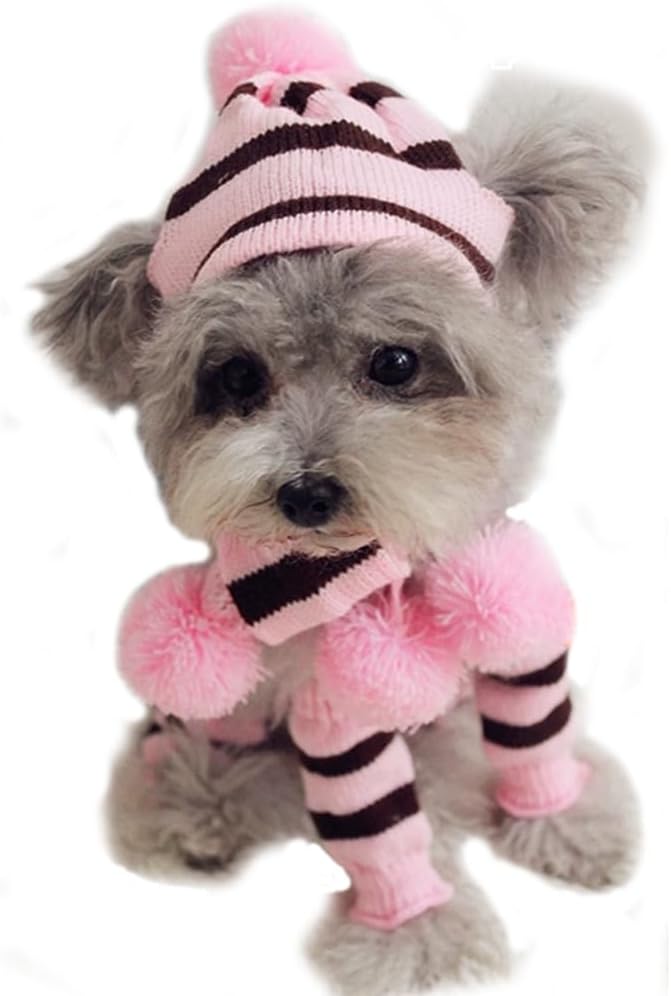 ANIAC 6 PCS Winter Knitted Dog Hat Scarf and Leg Warmer Set Puppy Warm knitting Hat with Ear Holes Pet Pompom Cap & Collar Christmas Costume Suit for Cats Small Dogs (Large