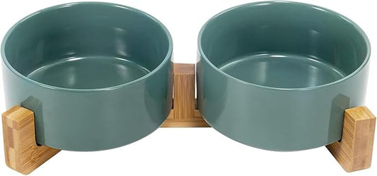 SPUNKYJUNKY Ceramic Dog and Cat Bowl Set with Wooden Stand (13.5OZ) & (28.7OZ) & (3.6 Cups, 2 ×
