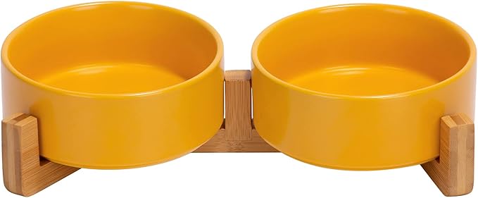 SPUNKYJUNKY Ceramic Dog and Cat Bowl with Wood