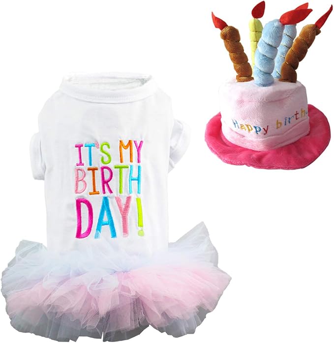 Dog Birthday Princess Tutu Dress for Small Dogs Girl + Adjustable Puppy Cat Birthday Party hat Cake Shaped (Dress+hat