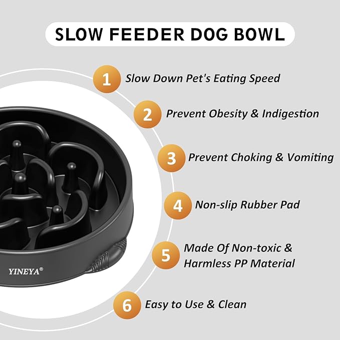 4 Cups Slow Feeder Dog Bowls Large Breed 1Pcs (Black)