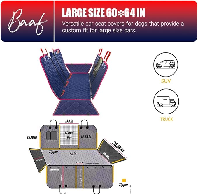 Luxurious 8 in 1: Baaf Dog Car Seat Cover with Food/Water Container (60" W 64" L))