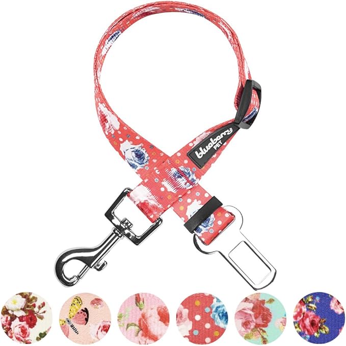 Blueberry Pet 8 Patterns Spring Scent Inspired Rose and Polka Dot Print Brink Pink Adjustable Dog Seat Belt Tether for Dogs Cats