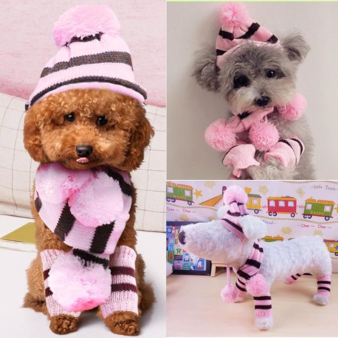 ANIAC 6 PCS Winter Knitted Dog Hat Scarf and Leg Warmer Set Puppy Warm knitting Hat with Ear Holes Pet Pompom Cap & Collar Christmas Costume Suit for Cats Small Dogs (Medium
