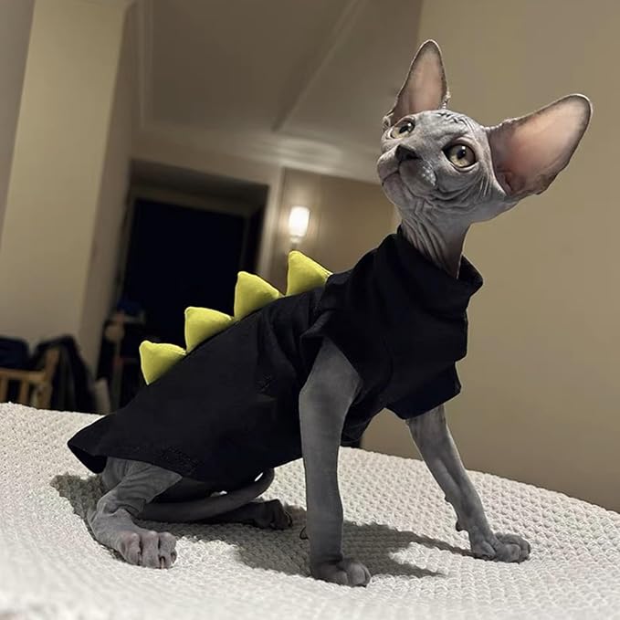 Dinosaur Design Sphynx Hairless Cat Clothes Cute Breathable Summer Cotton Shirts Cat Costume Pet Clothes (4-5 lbs),