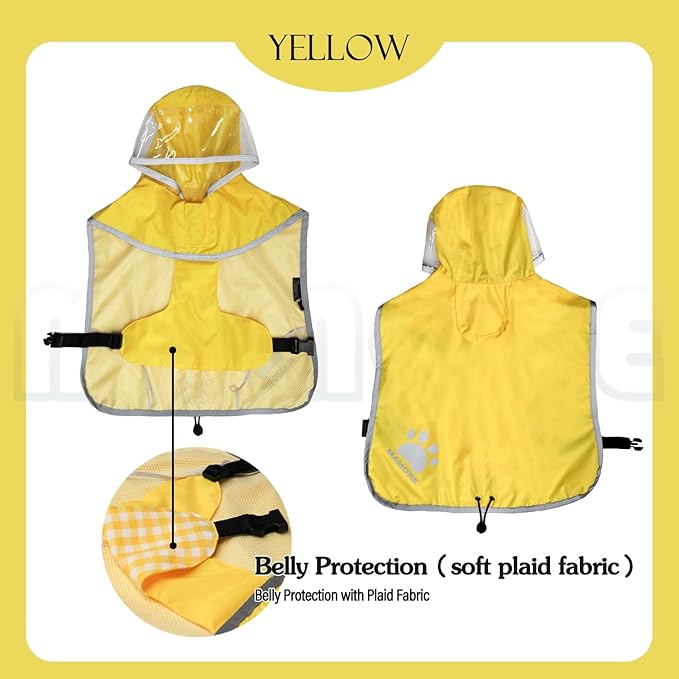MAMORE Dog Raincoat Hooded Rain Jacket for Small Medium Large Dogs Slicker Poncho Bottom Waterproof Adjustable Reflective Breathable Leash Hole (Yellow, Small)