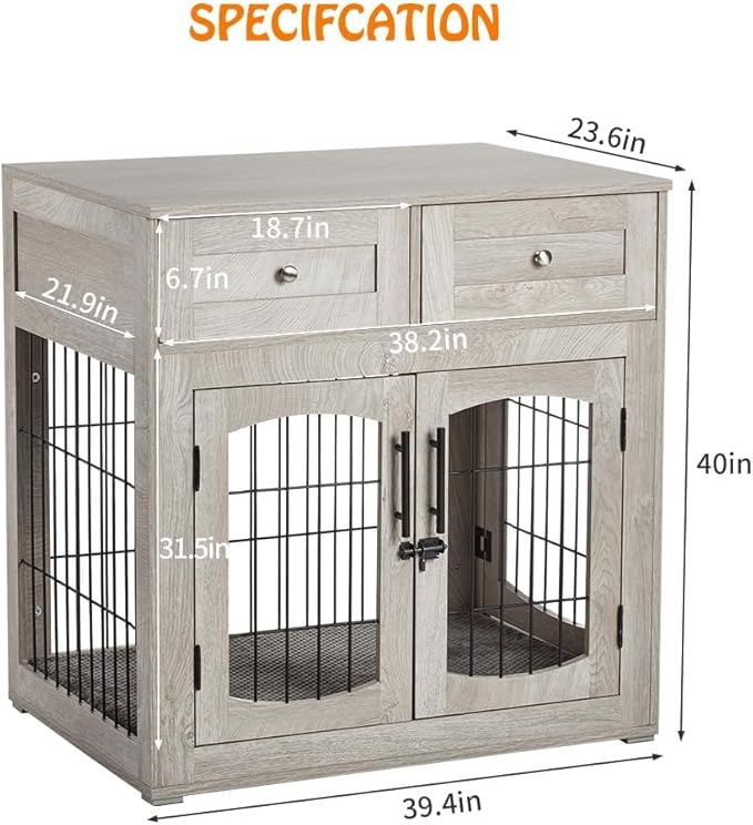 Dog Crate Furniture with Storage Drawers 39.4" Wooden 2 Drawers,Indoor
