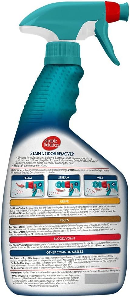 Simple Solution Stain and Odor Eliminator Spray for Dogs & Cats 2X Pro-Bacteria 32 oz