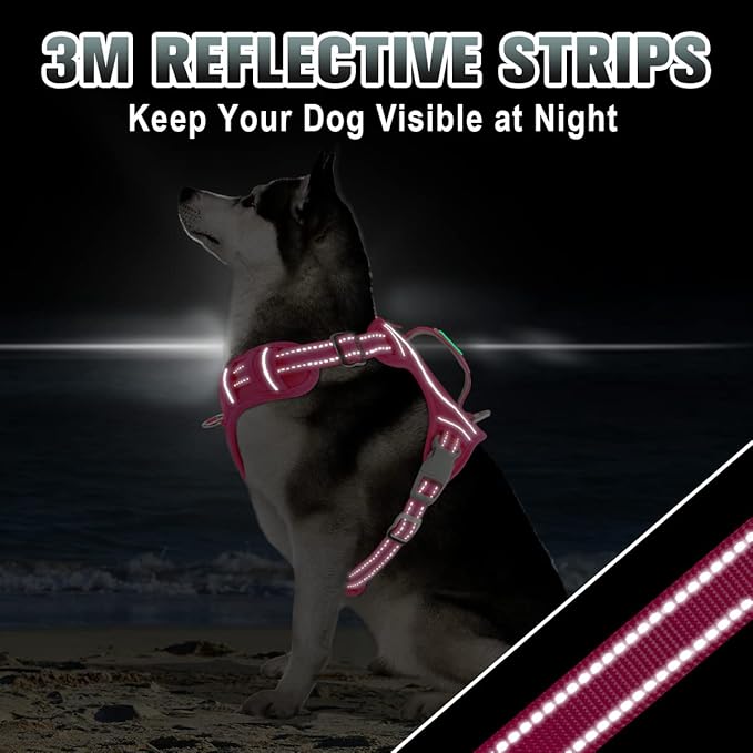 BARKBAY No Pull Dog Harness 3 Buckles Large Step in Reflective Dog Harness with Front Clip and Easy Control Handle for Walking Training Running with ID tag Pocket(Pink