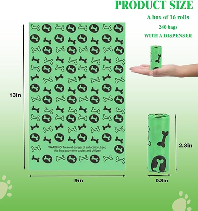 Poop Bags For Dog 240 Counts Waste Bags For Dog Poop Green16 Refill Rolls Doggie Poop Bags With Free Dispenser 100% Leak-Proof