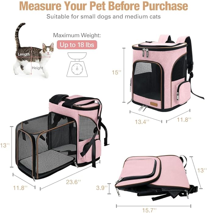 Lekereise Pet Carrier Backpack Expandable Cat Backpack for Small Dogs Cats