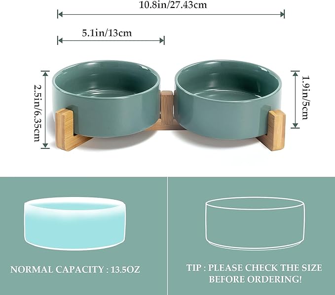 SPUNKYJUNKY Ceramic Dog and Cat Bowl Set with Wooden Stand (13.5OZ) & (28.7OZ) & (1.7 Cups, 2 ×