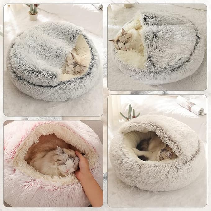 Cat Bed Round Fluffy Hooded Cat Bed Cave