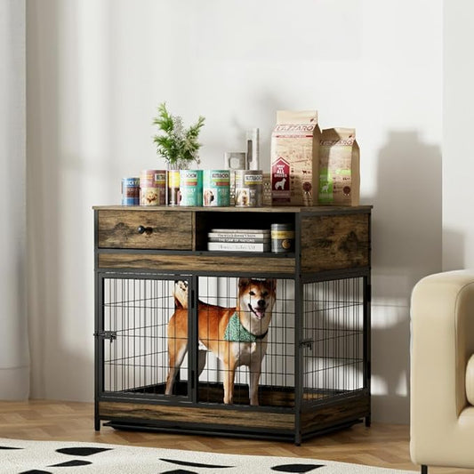 Okak Dog Crate Furniture Wooden Dog Crate Table with Drawers and Wheels Heavy Duty Dog Cage with Double Iron Doors Dog Kennel Indoor for Medium/Large Dog Brown,31.5" L