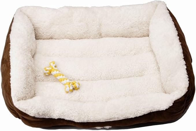 047393528421 Rectangle Pet Bed with Dog Paw Printing Toys 25" x 21", Brown/Coffee