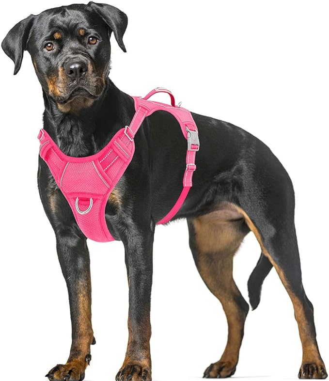 BARKBAY No Pull Dog Harness Large Step in Reflective Dog Harness with Front Clip and Easy Control Handle for Walking Training Running with ID tag Pocket(Pink