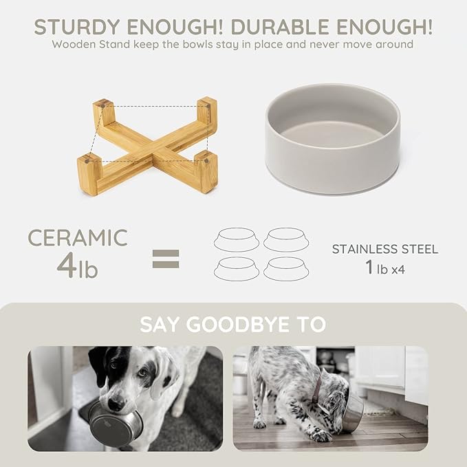 SPUNKYJUNKY Ceramic Dog and Cat Bowl Set with Wooden Stand (13.5OZ) & (28.7OZ) & (7.6 Cups, Grey×1)