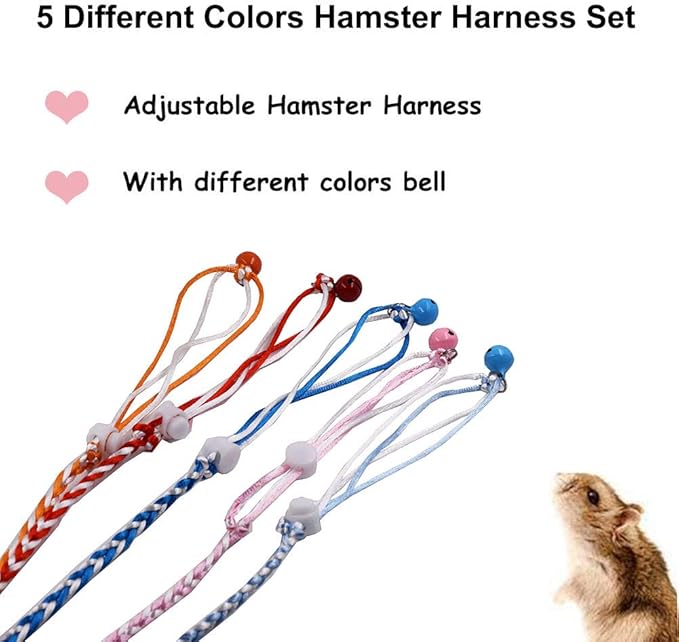 Hamster Harness 5 Pieces Adjustable Small Animal Bell Harness Rope Harness for Lead Walking Pet Gerbil