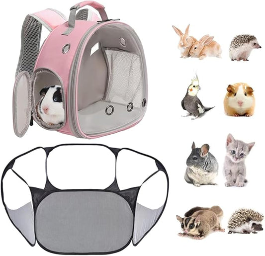 2-Pack Guinea Pig Carrier Backpack and Playpen Set - Breathable Pet Playpen Pop Open Outdoor/Indoor Exercise Fence, Portable Small Animal Backpack for Bearded Dragon, Rabbits, Hamster, Chinchillas