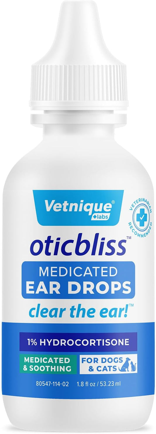Vetnique Oticbliss Medicated Cat & Dog Ear Cleaner Drops 1% Hydrocortisone