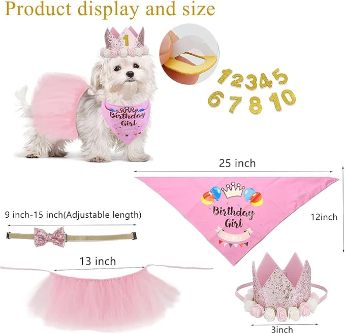 Dog Birthday Party Supplies Set,Boy Girls Dog Birthday Bandana,Cute Small dog Birthday Hat,Tutu,Dog Bow Tie Collar with 0-8 Numbers,Birthday Decorations for pet,Dogs&cats First Birthday (pink-1, Small