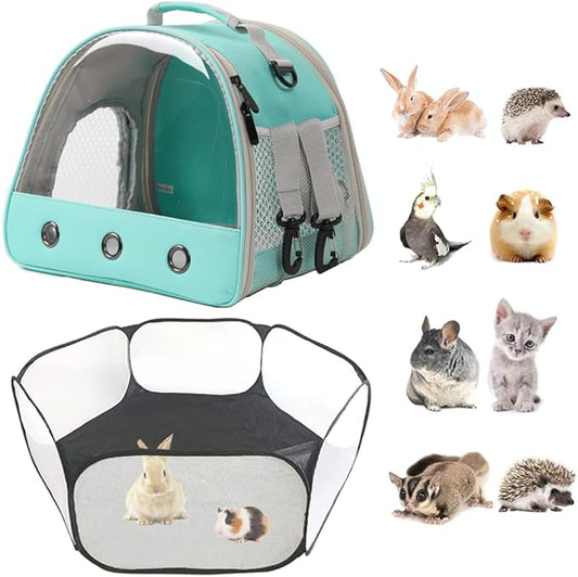 2-Pack Guinea Pig Carrier and Playpen Set - Breathable Pet Playpen Pop Open Outdoor/Indoor Exercise Fence, Portable Small Animal Backpack for Bearded Dragon, Rabbits, Hamster, Chinchillas