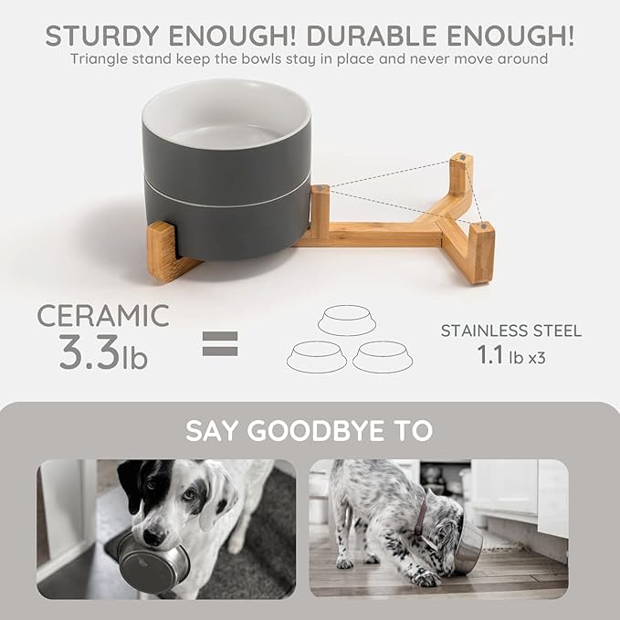 SPUNKYJUNKY Ceramic Dog and Cat Bowl Set with Wooden Stand (13.5OZ) & (28.7OZ) & (1.7 Cups, 2 ×