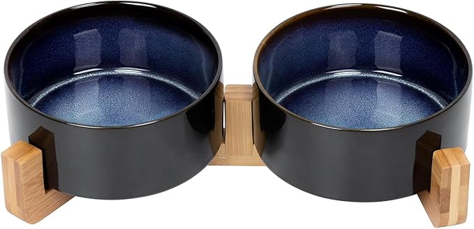 SPUNKYJUNKY Ceramic Dog and Cat Bowl Set with Wooden Stand (13.5OZ) & (28.7OZ) & (3.6 Cups, 2 ×