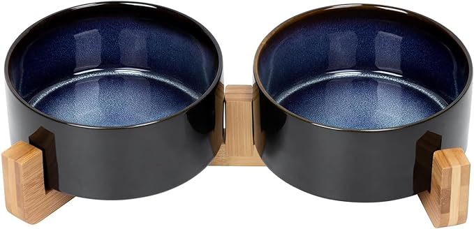 SPUNKYJUNKY Ceramic Dog and Cat Bowl Set with Wooden Stand (13.5OZ) & (28.7OZ) & (3.6 Cups, 2 ×