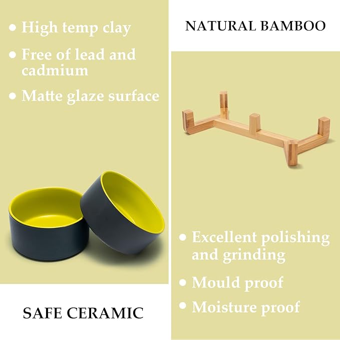 SPUNKYJUNKY Ceramic Dog and Cat Bowl Set with Wooden Stand (13.5OZ) & (28.7OZ) & (3.6 Cups, 2 ×