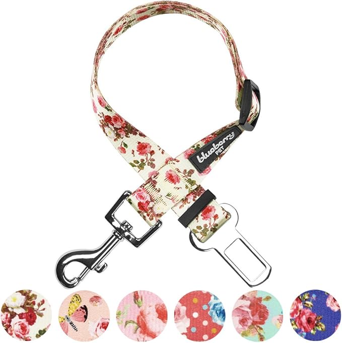 Blueberry Pet 8 Patterns Spring Scent Inspired Pink Rose Print Ivory Adjustable Dog Seat Belt Tether for Dogs Cats