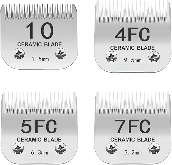 TRAH 10#/4FC/5FC/7FC Blade Dog Grooming Clipper Replacement Ceramic Blades Compatible with Andis Dog Clippers A5, KM (1.5mm) to 3/8"(9.5mm), Silver 4 Pack